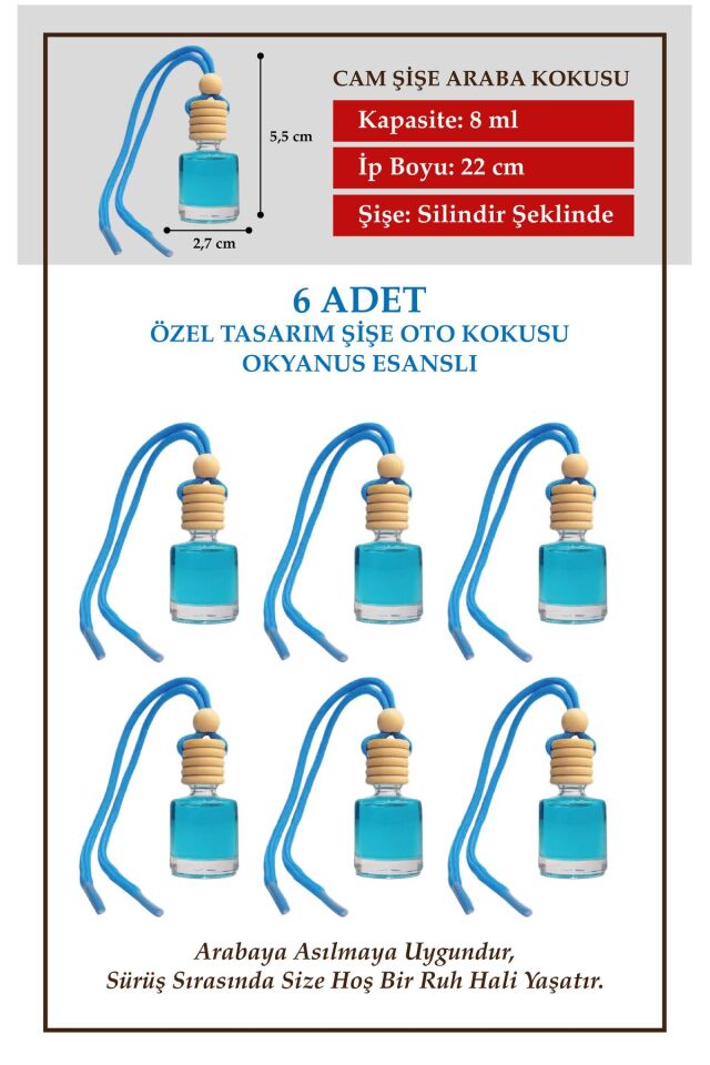 OKYANUS FRESH KOKU ESANSLI 6 LI CAM ŞİŞEDE HEDİYELİK OTO KOKUSU VE OTO AKSESUARI