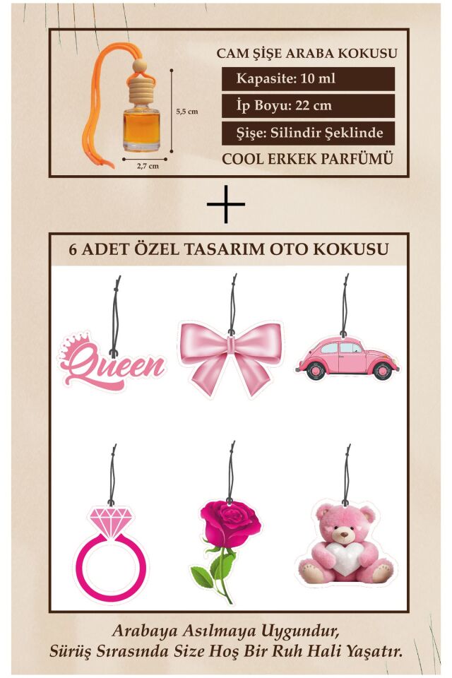PEMBE 6 ADET ÖZEL TASARIM (CAM ŞİŞE ERKEK PARFÜM ESANS HEDİYELİ) OTO KOKUSU VE AKSESUARI