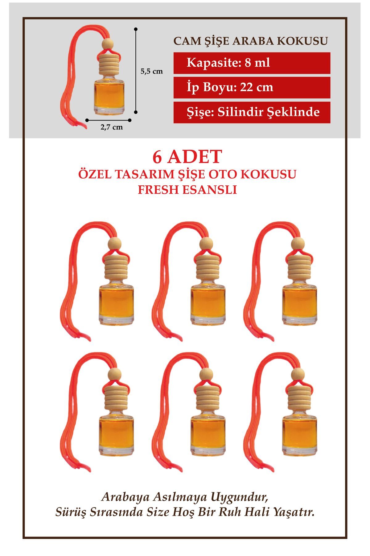 FRESH FERAH KOKU ESANSLI 6 LI CAM ŞİŞEDE OTO KOKUSU VE OTO AKSESUARI