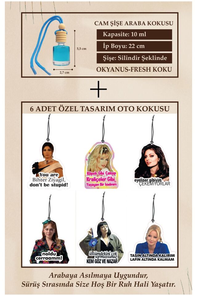 ALAYCI SÖZLER 6 ADET ÖZEL TASARIM (CAM ŞİŞE OKYANUS ESANS HEDİYELİ) OTO KOKUSU VE AKSESUARI