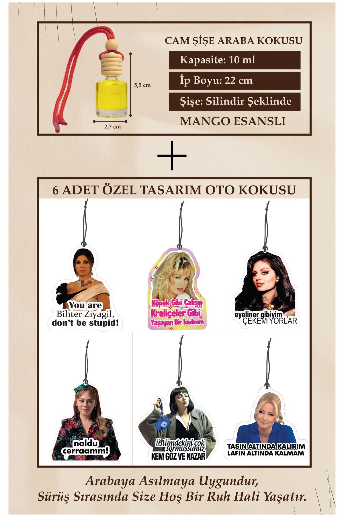 GİDERLİ SÖZLER 6 ADET ÖZEL TASARIM (CAM ŞİŞE MANGO ESANS HEDİYELİ) OTO KOKUSU VE AKSESUARI