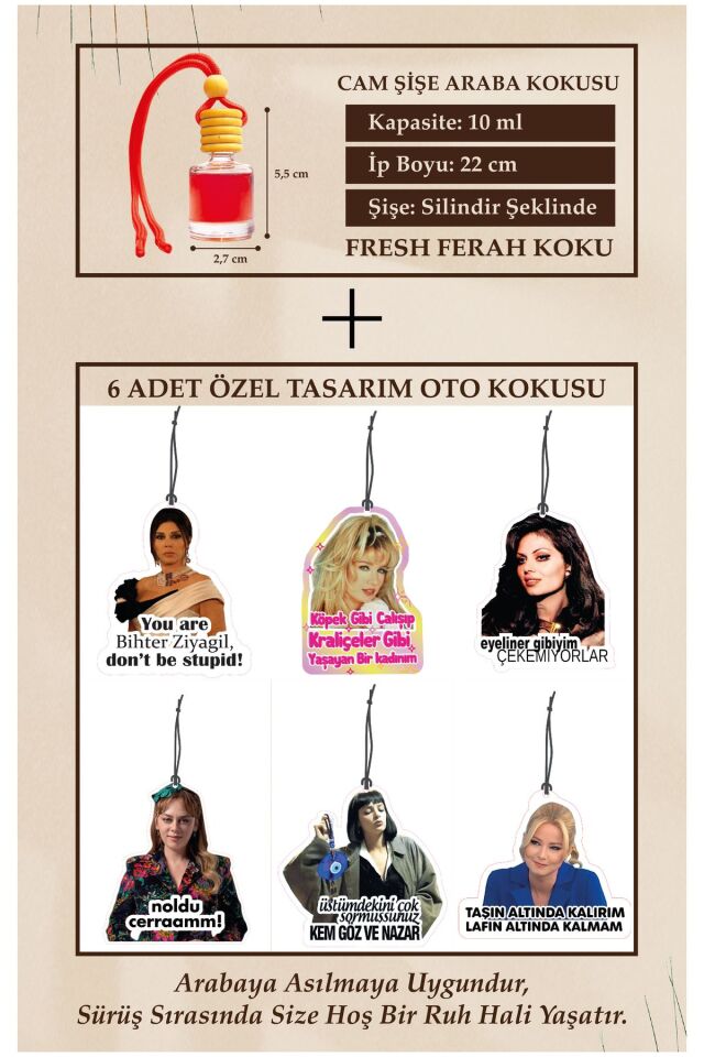 ATARLI KADINLAR 6 ADET ÖZEL TASARIM (CAM ŞİŞE FRESH ESANS ) OTO KOKUSU VE AKSESUARI