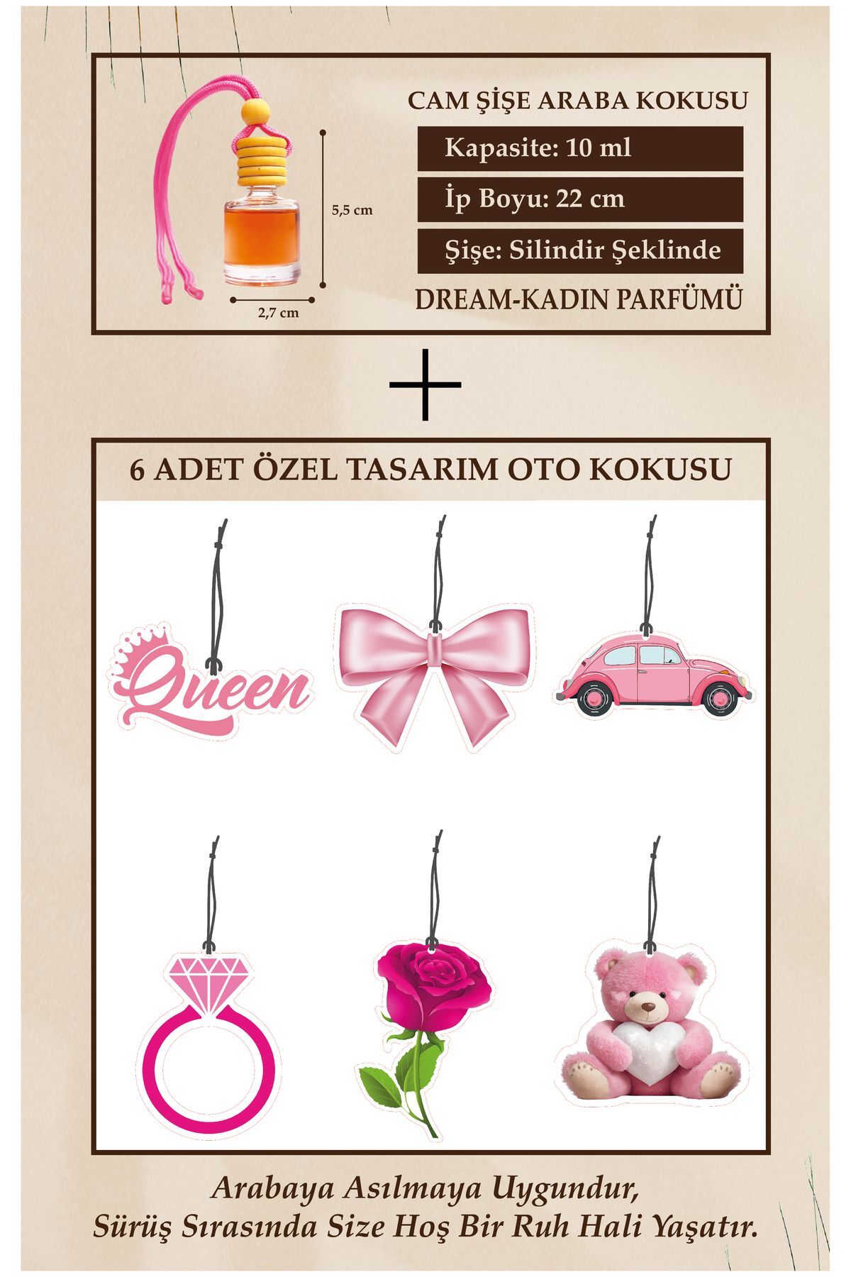 Pembe Seri Bahar Esanslı ve Kadın Parfümü Kokulu 10ML Oto Parfümü Cam Şişe ve Karton Araç Kokusu