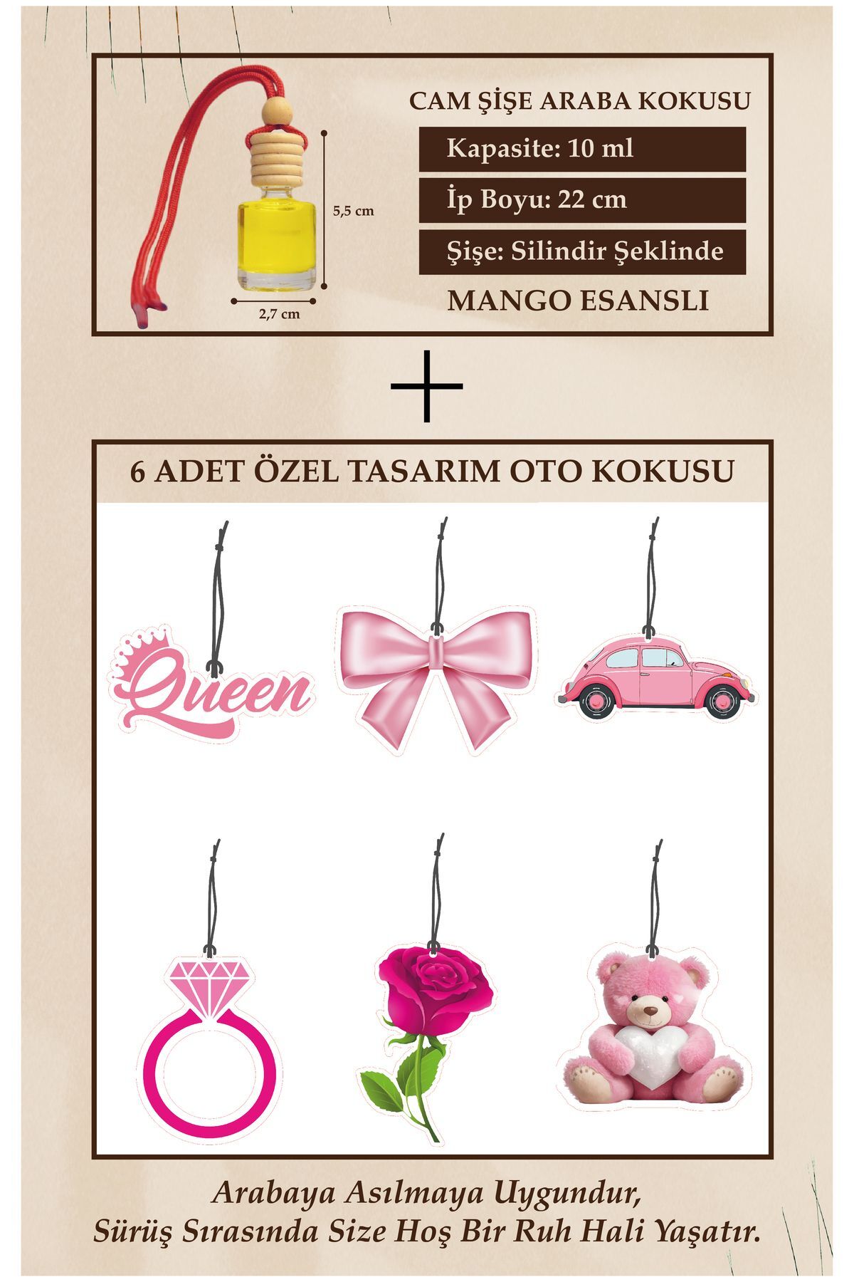 Pembe Seri Bahar Esanslı ve Mango Esans Kokulu 10ML Oto Parfümü Cam Şişe ve Karton Araç Kokusu