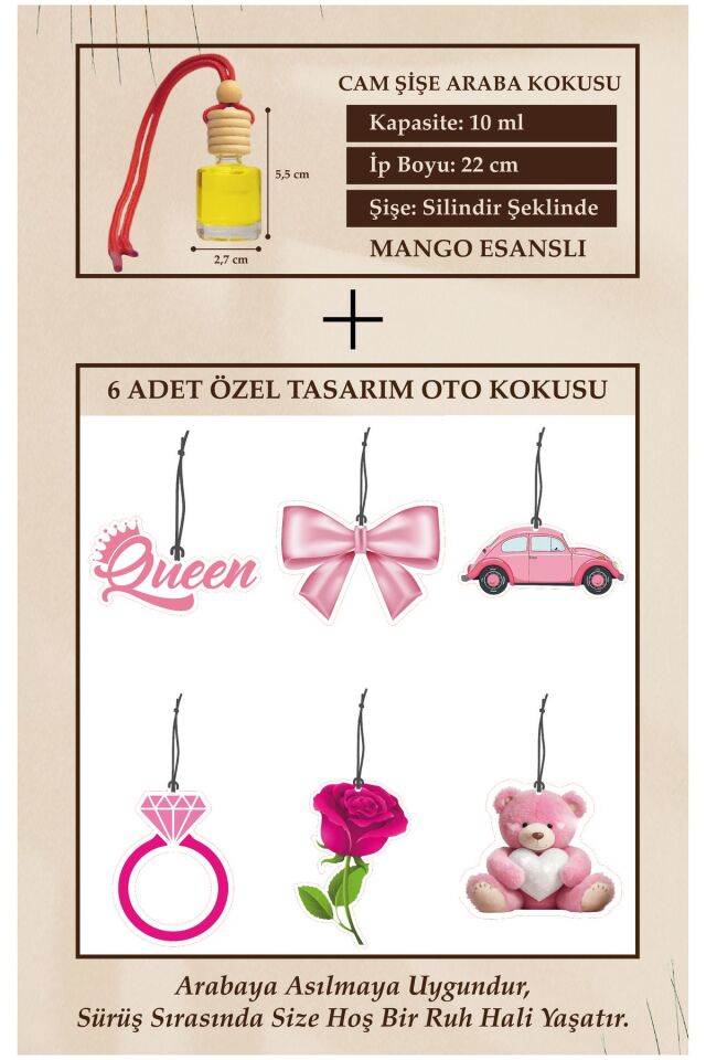 Pembe Seri Bahar Esanslı ve Mango Esans Kokulu 10ML Oto Parfümü Cam Şişe ve Karton Araç Kokusu