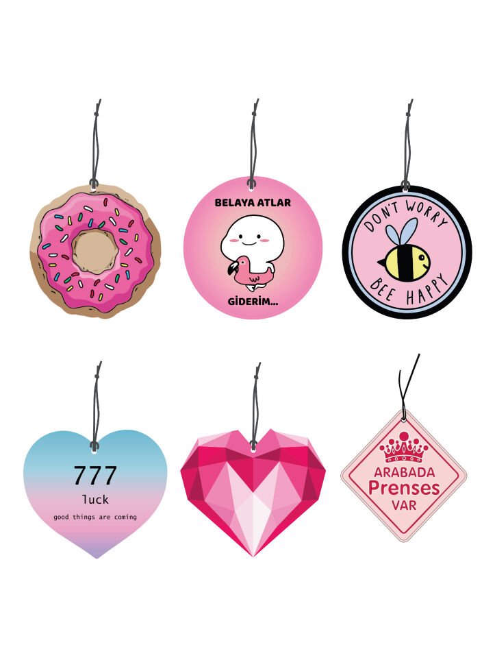 ByMeyla 6 lı Mini Aşko Kuşko Pembiş Serisi Görselli Dekoratif Oto Kokusu ve Aksesuar Seti