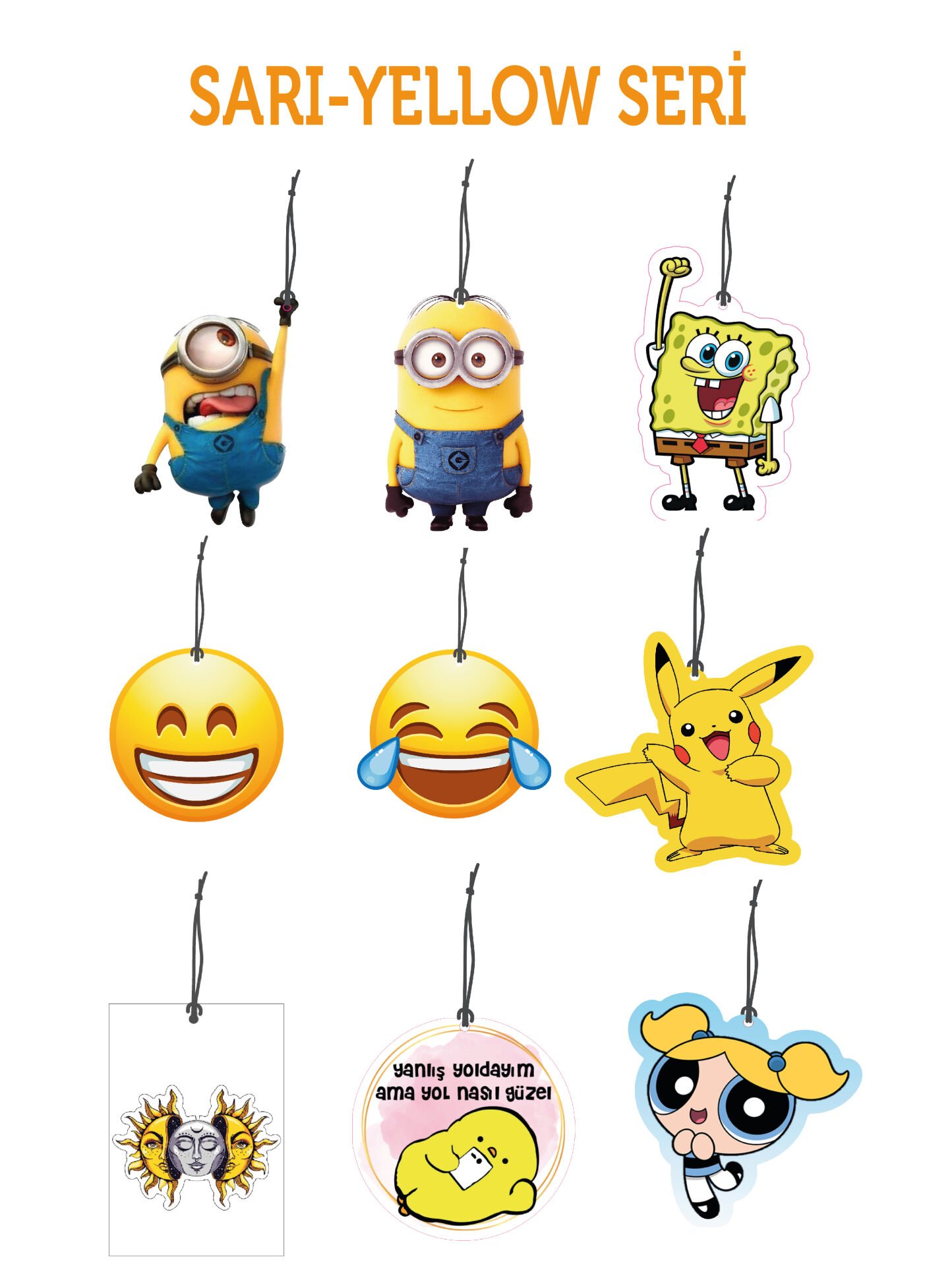 ByMeyla 9 lu Sarı Seri Görselli Dekoratif Oto Kokusu ve Aksesuar Seti