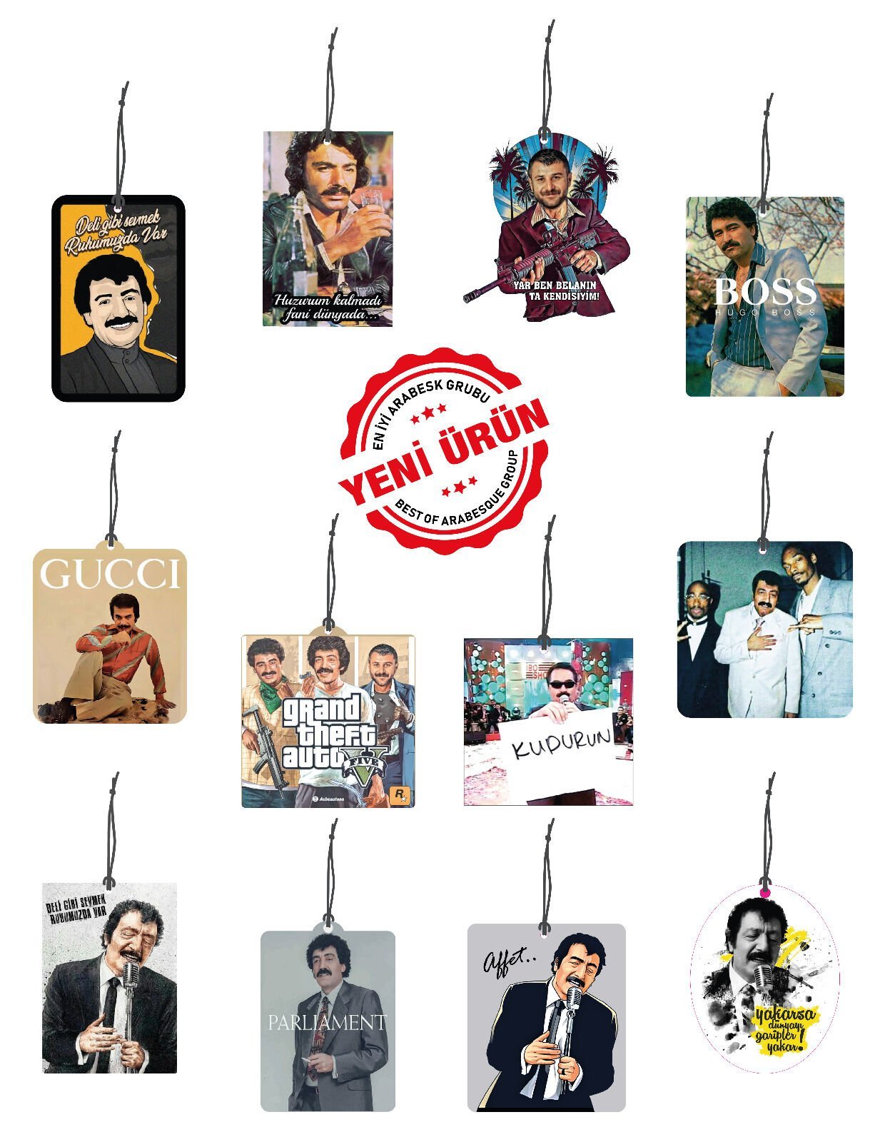 ByMeyla 12 li Arabesk Sanatçıları Serisi Görselli Dekoratif Oto Kokusu ve Aksesuar Seti