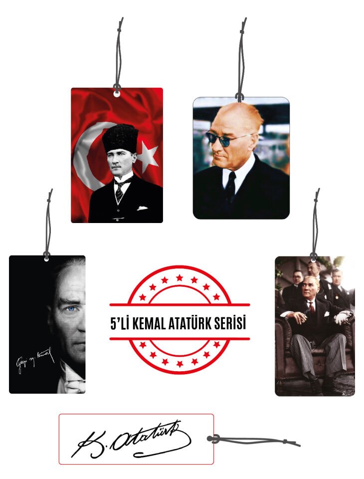 ByMeyla 5 li Atatürk Seri Görselli Dekoratif Oto Kokusu ve Aksesuar Seti