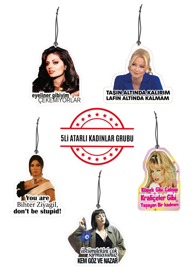 ByMeyla 5 li Atarlı Kadınlar Serisi Görselli Dekoratif Oto Kokusu ve Aksesuar Seti