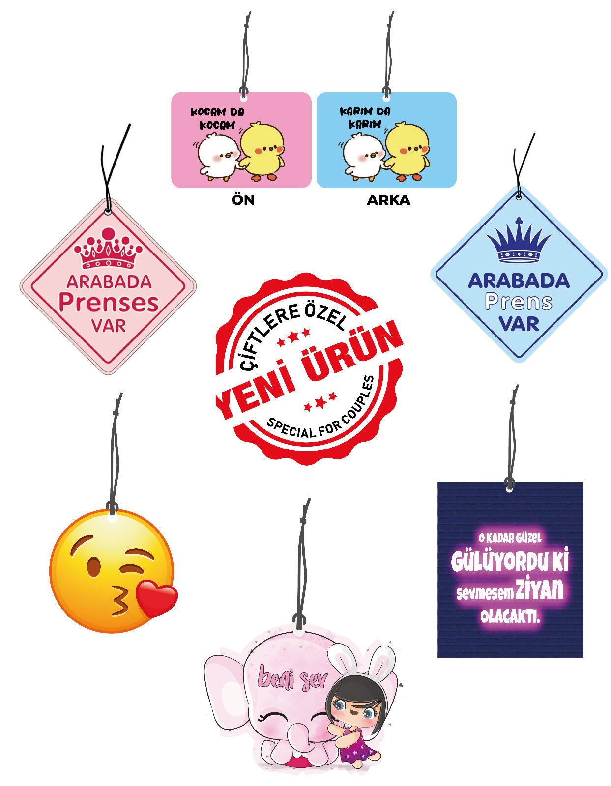 ByMeyla 6 lı Çiftlere Özel Seri Görselli Dekoratif Oto Kokusu ve Aksesuar Seti