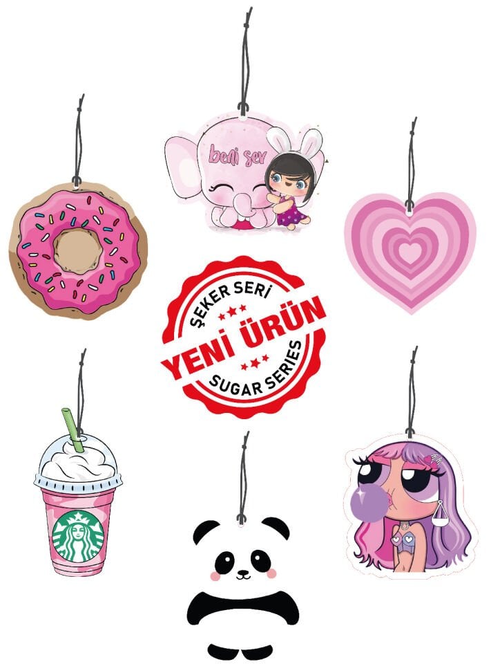 ByMeyla 6 lı Şeker Seri Görselli Dekoratif Oto Kokusu ve Aksesuar Seti