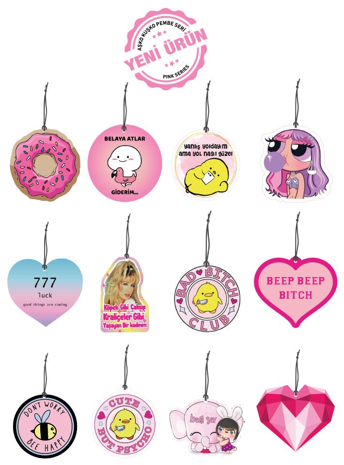 ByMeyla 12 li Aşko Kuşko Görselli Dekoratif Oto Kokusu ve Aksesuar Seti