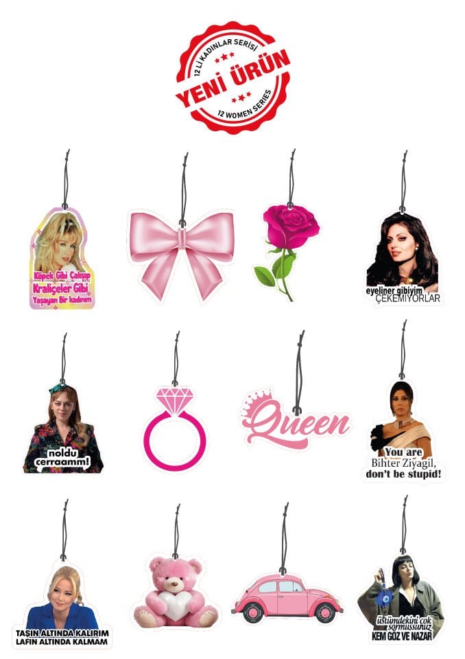 ByMeyla 12 li Kadınlara Özel Görselli Dekoratif Oto Kokusu ve Aksesuar Seti