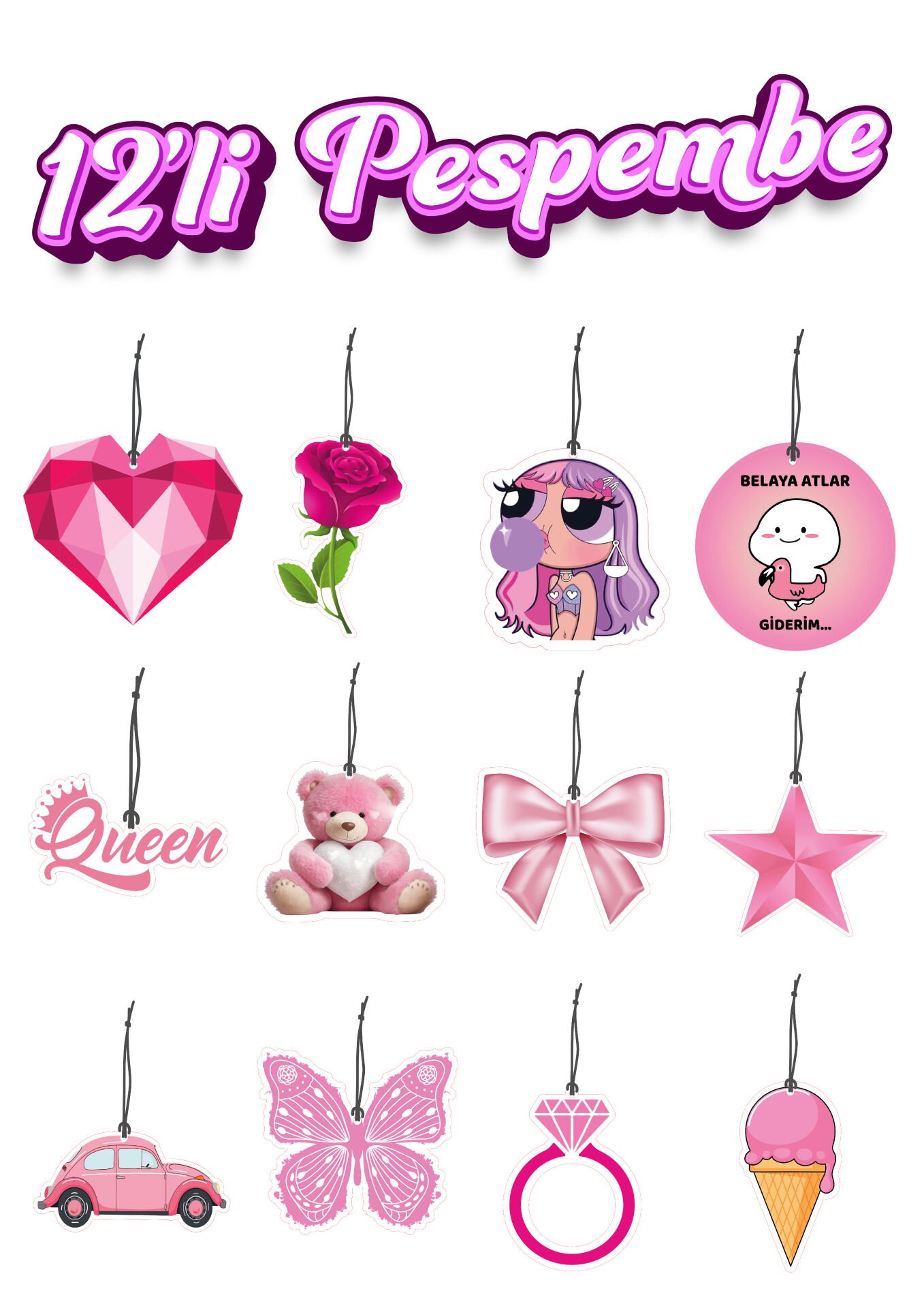 ByMeyla 12 li Pespembe Görselli Dekoratif Oto Kokusu ve Aksesuar Seti