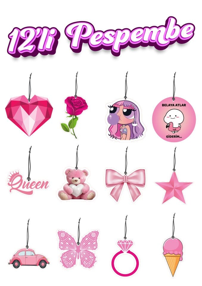 ByMeyla 12 li Pespembe Görselli Dekoratif Oto Kokusu ve Aksesuar Seti