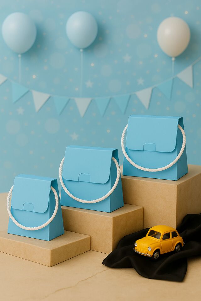 20 Adet Mavi Şık Konsept Dizayn Boş İpli Hediye Kutusu ve Özel Gün Hediye Çantası