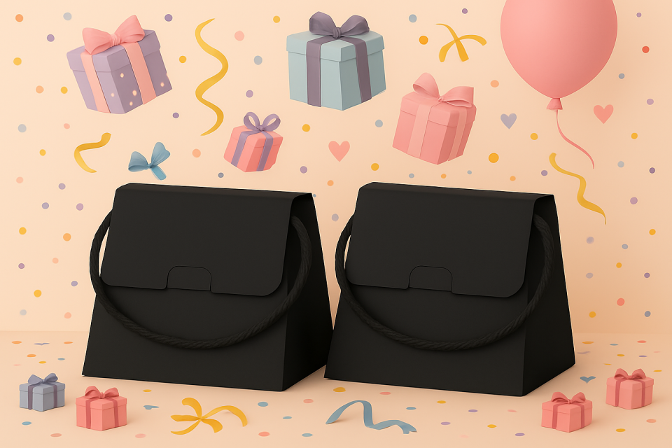 10 Adet Siyah Şık Konsept Dizayn Boş İpli Hediye Kutusu ve Özel Gün Hediye Çantası
