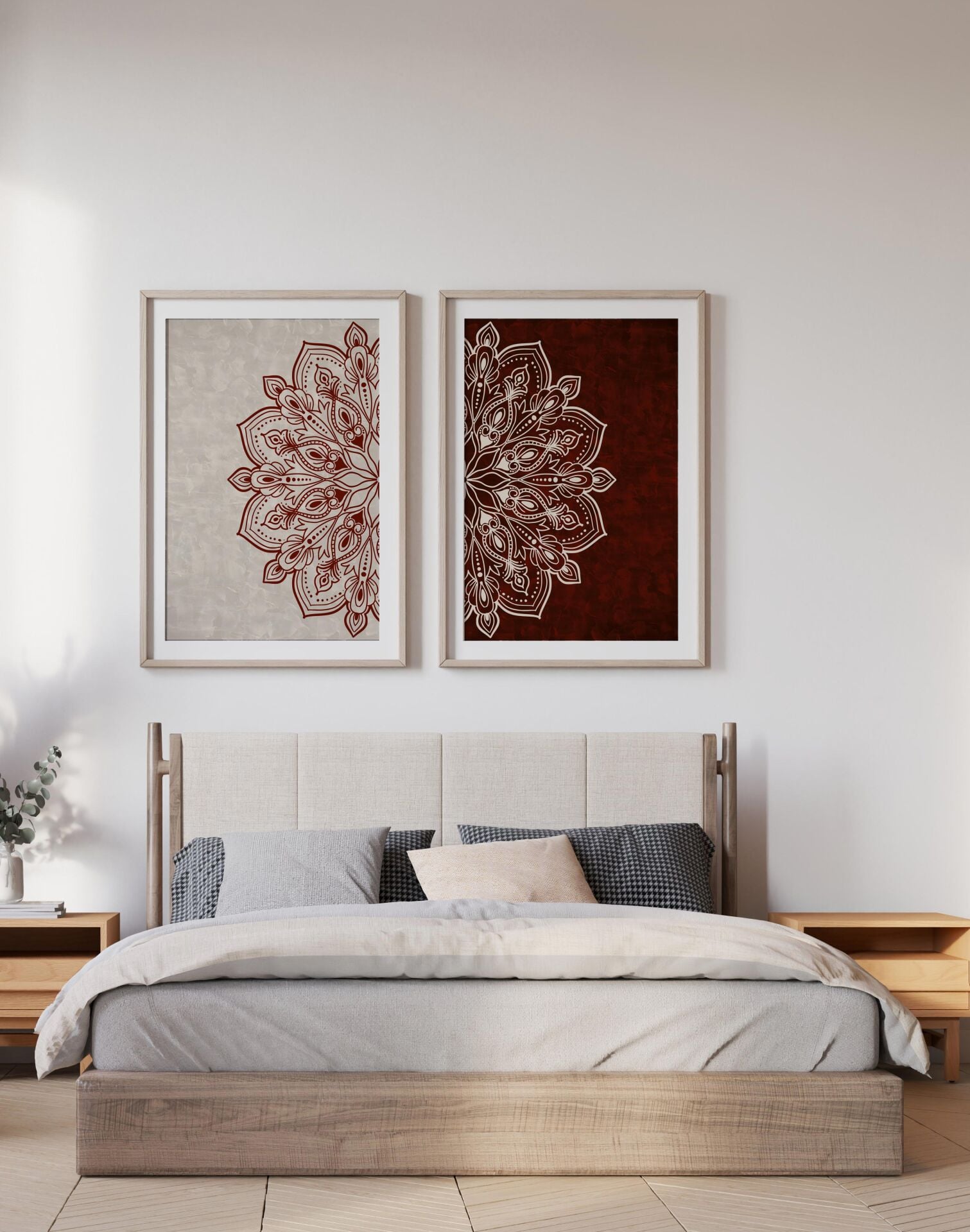 Çerçevesiz Ebedi Aura Kozmik Harmoni Modern Premium Mandala Tablo Seti 2’li Dekoratif Duvar Tablosu bordo - 20 x 30