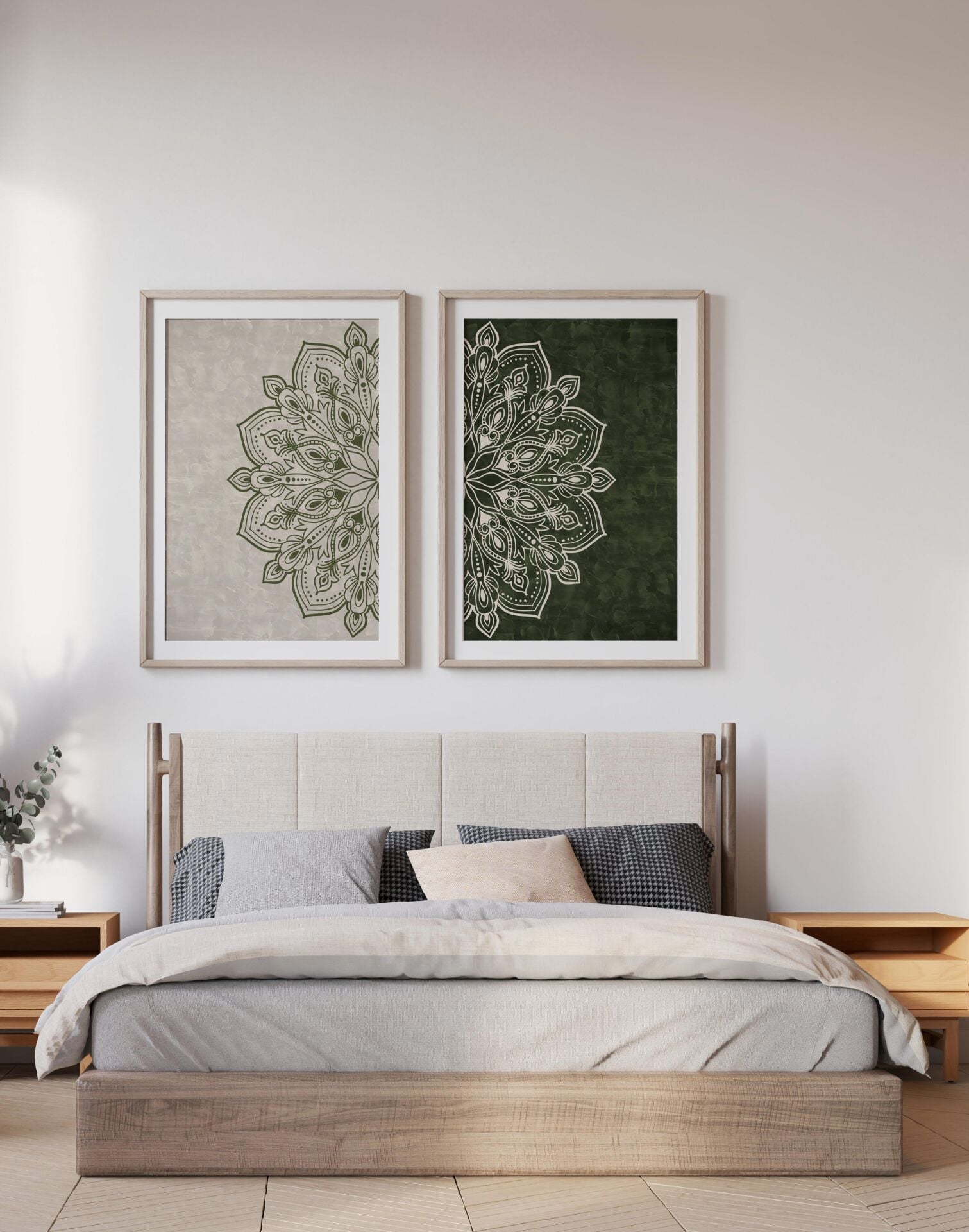 Çerçevesiz Ebedi Aura Kozmik Harmoni Modern Premium Mandala Tablo Seti 2’li Dekoratif Duvar Tablosu haki - 35 x 50