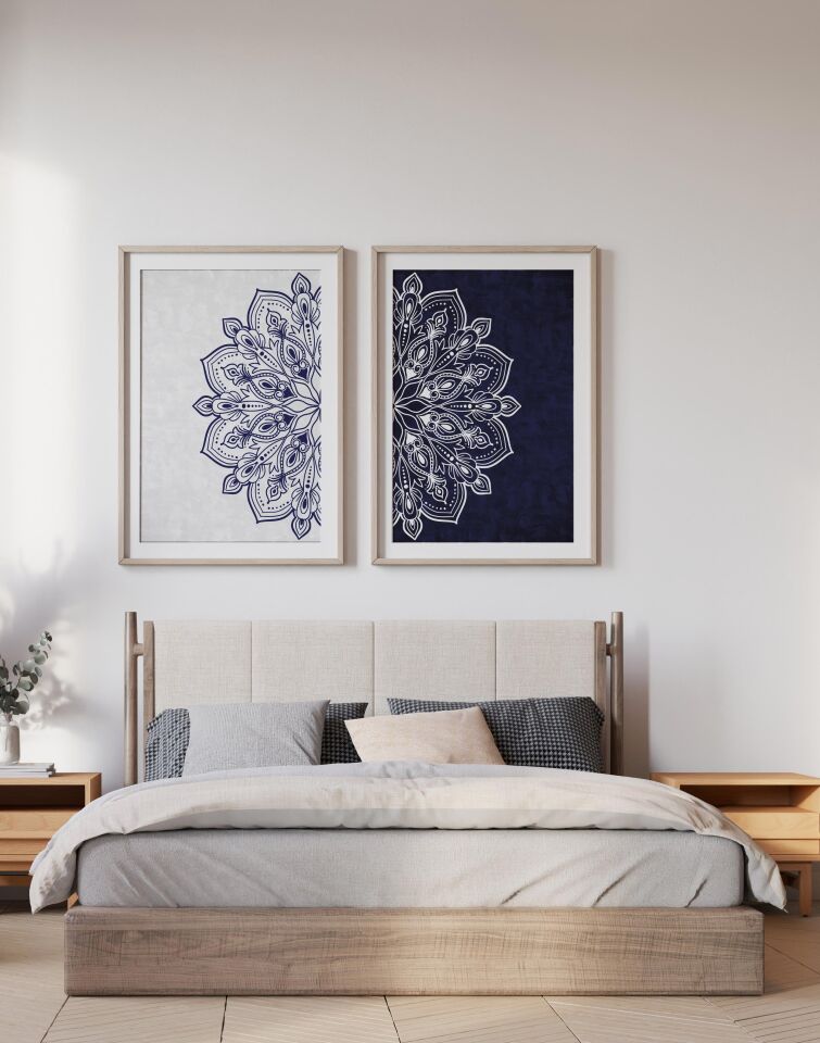 Çerçevesiz Ebedi Aura Kozmik Harmoni Modern Premium Mandala Tablo Seti 2’li Dekoratif Duvar Tablosu lacivert - 50 x 70