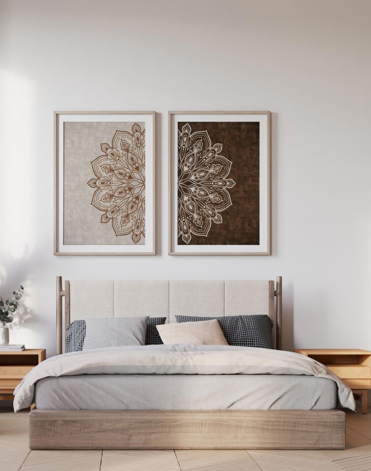 Çerçevesiz Ebedi Aura Kozmik Harmoni Modern Premium Mandala Tablo Seti 2’li Dekoratif Duvar Tablosu kahverengi - 50 x 70