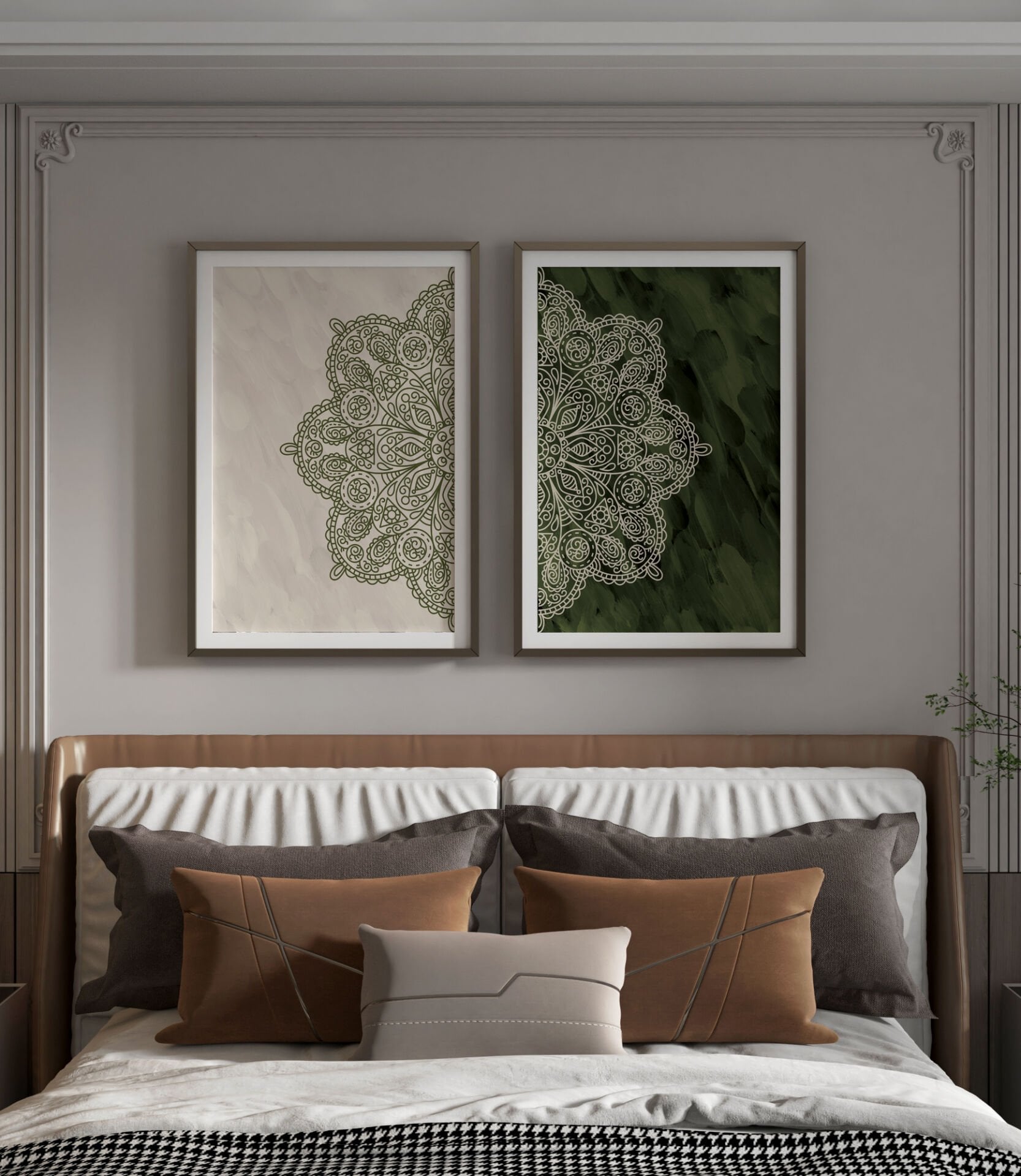Sonsuz Harmoni Şık Modern Premium Mandala Tablo Seti 2'li Duvar Dekoru Çerçevesiz haki - 15 x 20
