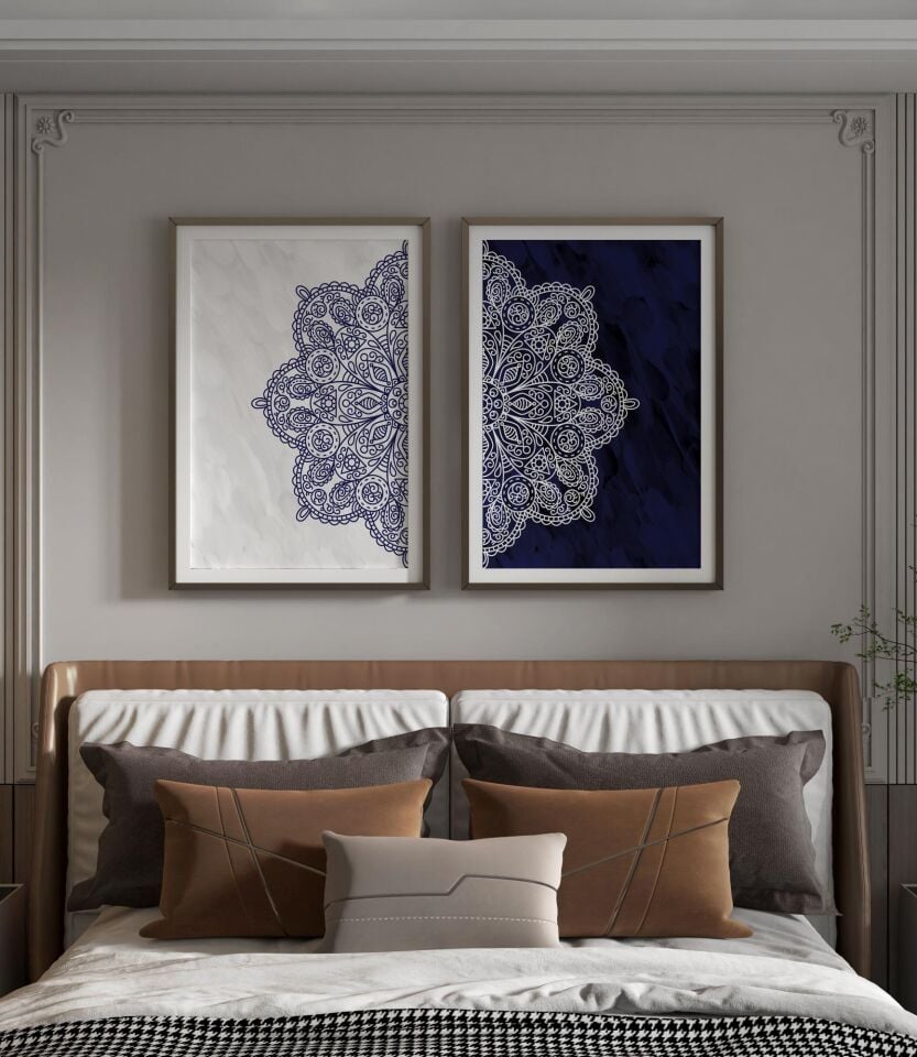 Sonsuz Harmoni Şık Modern Premium Mandala Tablo Seti 2'li Duvar Dekoru Çerçevesiz lacivert - 20 x 30