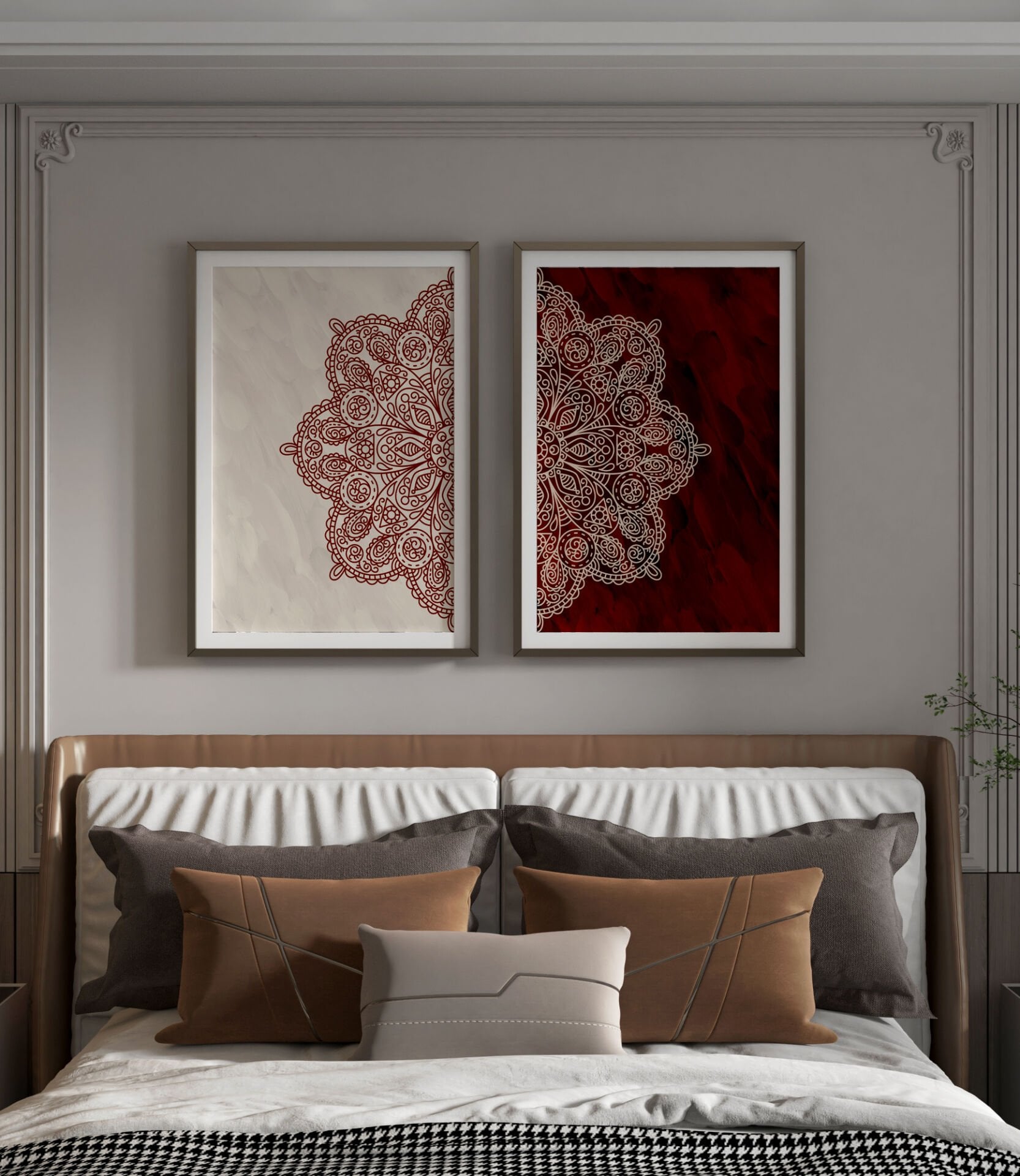 Sonsuz Harmoni Şık Modern Premium Mandala Tablo Seti 2'li Duvar Dekoru Çerçevesiz bordo - 20 x 30