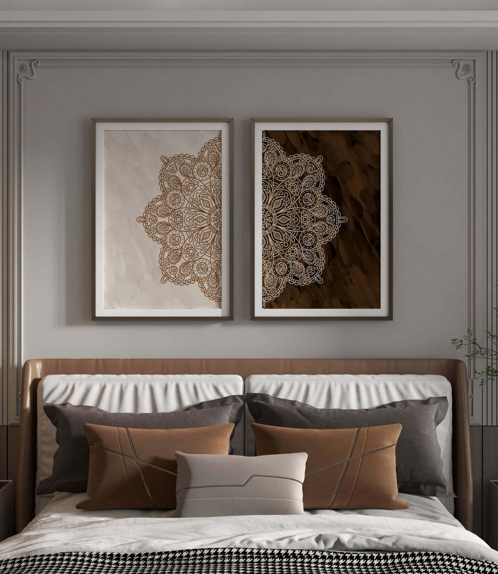 Sonsuz Harmoni Şık Modern Premium Mandala Tablo Seti 2'li Duvar Dekoru Çerçevesiz kahverengi - 35 x 50