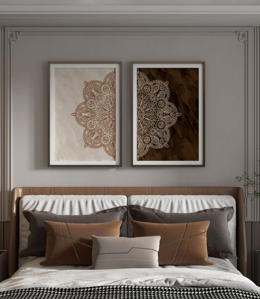 Sonsuz Harmoni Şık Modern Premium Mandala Tablo Seti 2'li Duvar Dekoru Çerçevesiz kahverengi - 40 x 60