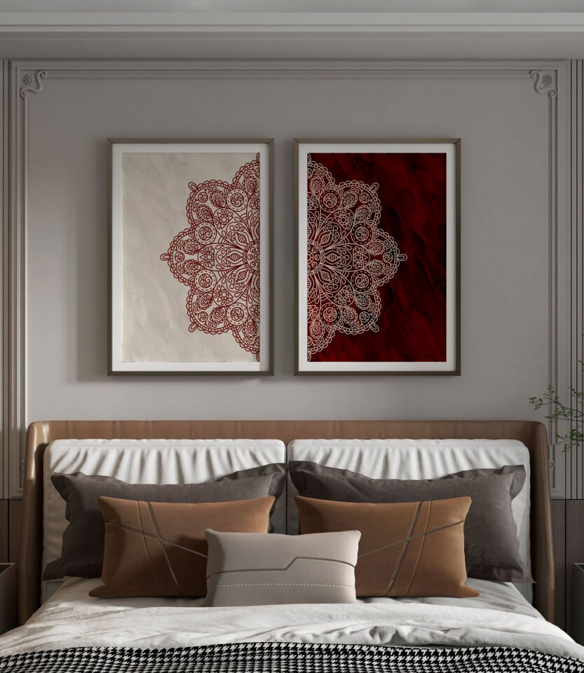 Sonsuz Harmoni Şık Modern Premium Mandala Tablo Seti 2'li Duvar Dekoru Çerçevesiz bordo - 40 x 60