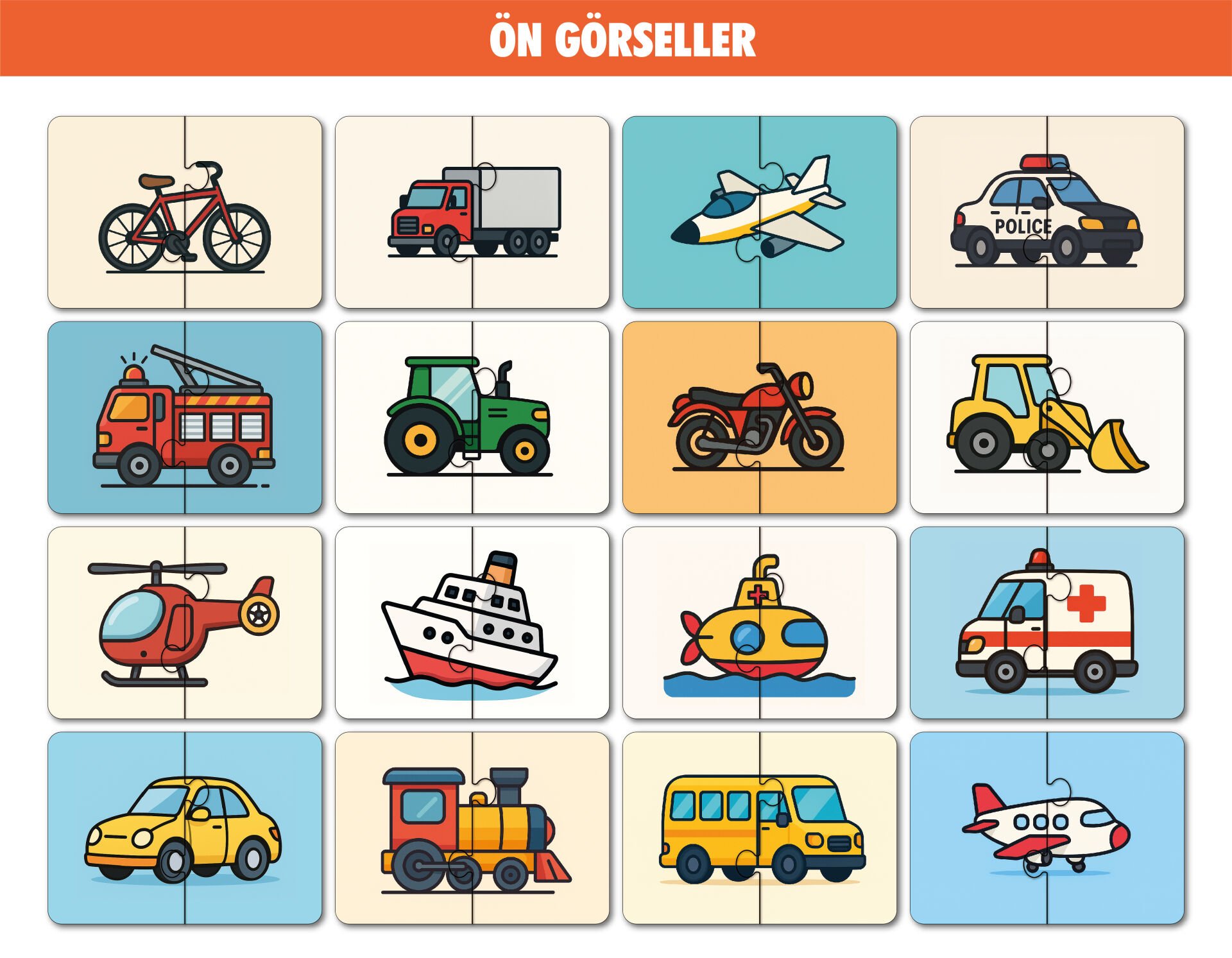 16 Parça Taşıtlar Alemi | Zeka Geliştirici Eşleştirme Puzzle Eğitim Seti