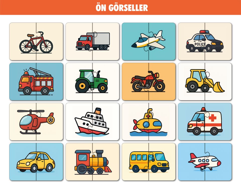 16 Parça Taşıtlar Alemi | Zeka Geliştirici Eşleştirme Puzzle Eğitim Seti