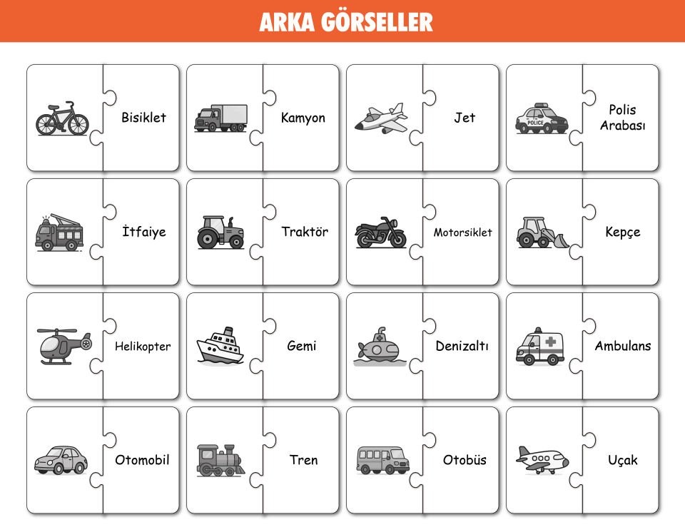16 Parça Taşıtlar Alemi | Zeka Geliştirici Eşleştirme Puzzle Eğitim Seti