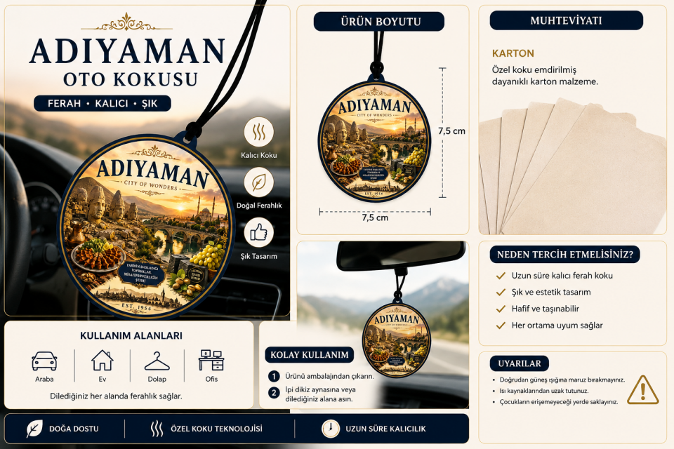 Adıyaman Şehri Tasarımlı Oto Kokusu,Araba Kokusu,Oto Aksesuarı ve Dikiz Ayna Süsü