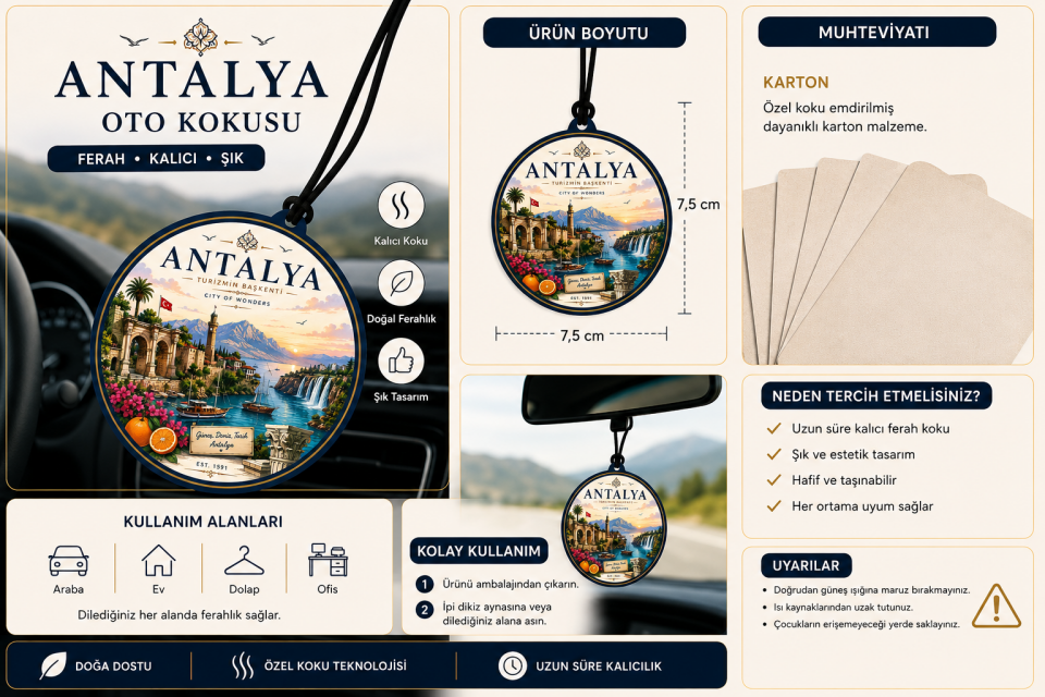 Antalya Şehri Tasarımlı Oto Kokusu,Araba Kokusu,Oto Aksesuarı ve Dikiz Ayna Süsü