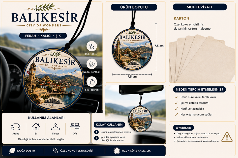 Balıkesir Şehri Tasarımlı Oto Kokusu,Araba Kokusu,Oto Aksesuarı ve Dikiz Ayna Süsü