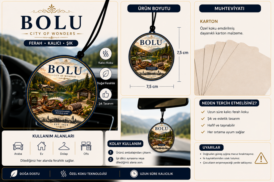 Bolu Şehri Tasarımlı Oto Kokusu,Araba Kokusu,Oto Aksesuarı ve Dikiz Ayna Süsü