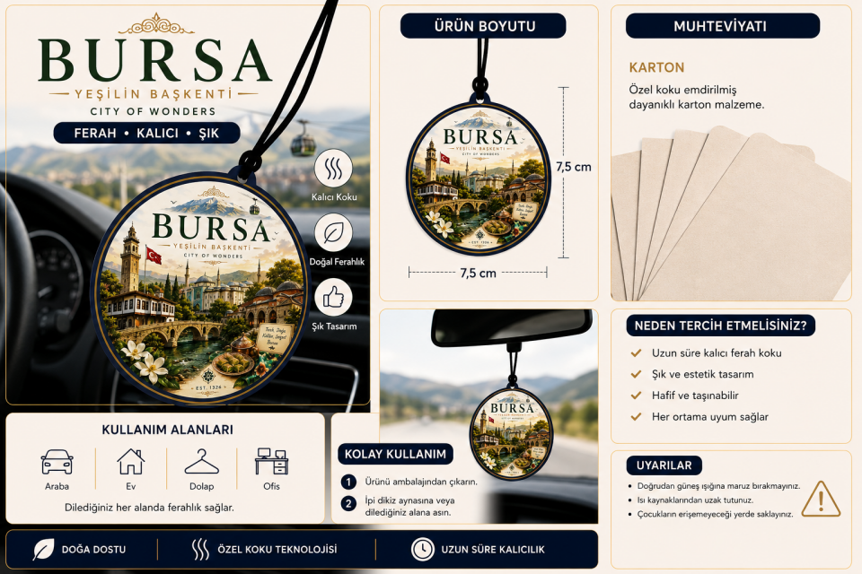 Bursa Şehri Tasarımlı Oto Kokusu,Araba Kokusu,Oto Aksesuarı ve Dikiz Ayna Süsü