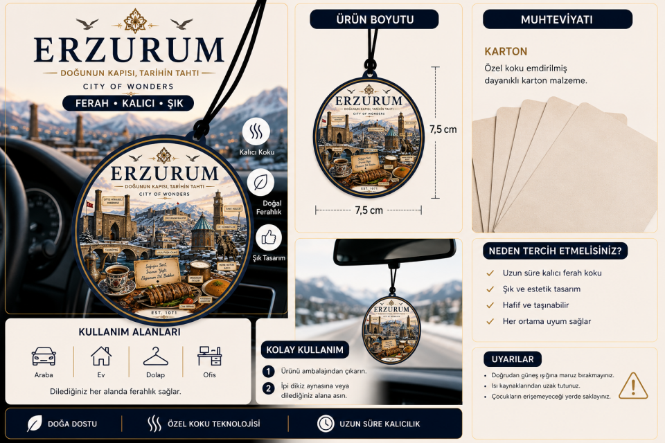 Erzurum Şehri Tasarımlı Oto Kokusu,Araba Kokusu,Oto Aksesuarı ve Dikiz Ayna Süsü