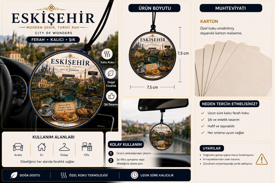 Eskişehir Şehri Tasarımlı Oto Kokusu,Araba Kokusu,Oto Aksesuarı ve Dikiz Ayna Süsü