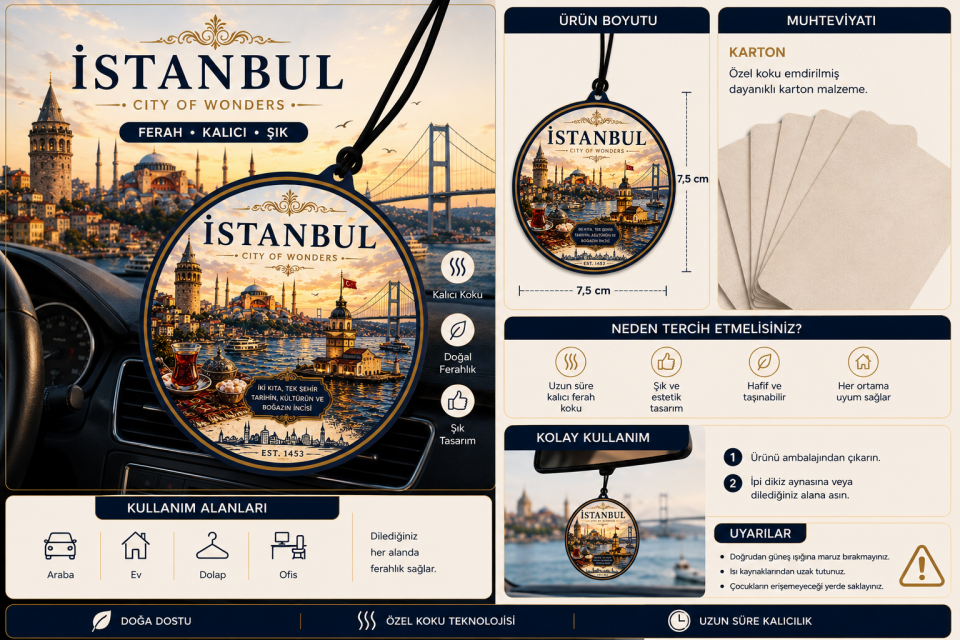 İstanbul Şehri Tasarımlı Oto Kokusu,Araba Kokusu,Oto Aksesuarı ve Dikiz Ayna Süsü