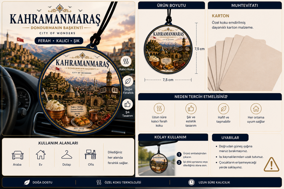 Kahramanmaraş Şehri Tasarımlı Oto Kokusu,Araba Kokusu,Oto Aksesuarı ve Dikiz Ayna Süsü