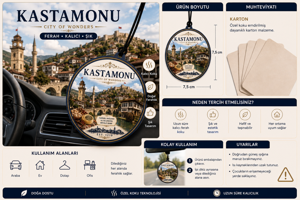 Kastamonu Şehri Tasarımlı Oto Kokusu,Araba Kokusu,Oto Aksesuarı ve Dikiz Ayna Süsü
