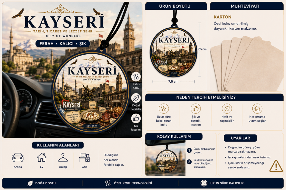 Kayseri Şehri Tasarımlı Oto Kokusu,Araba Kokusu,Oto Aksesuarı ve Dikiz Ayna Süsü