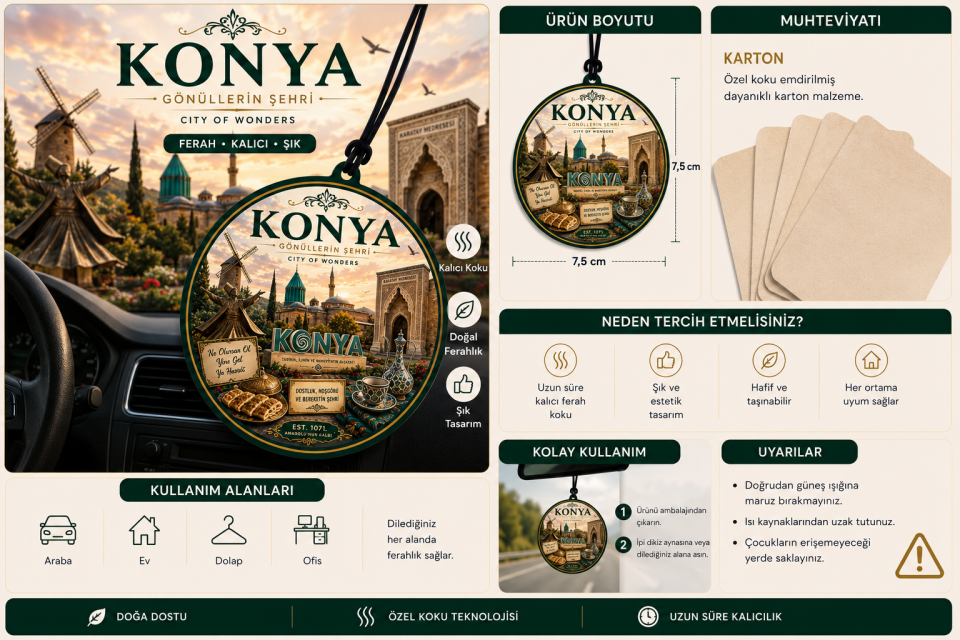 Konya Şehri Tasarımlı Oto Kokusu,Araba Kokusu,Oto Aksesuarı ve Dikiz Ayna Süsü
