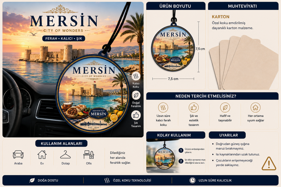 Mersin Şehri Tasarımlı Oto Kokusu,Araba Kokusu,Oto Aksesuarı ve Dikiz Ayna Süsü