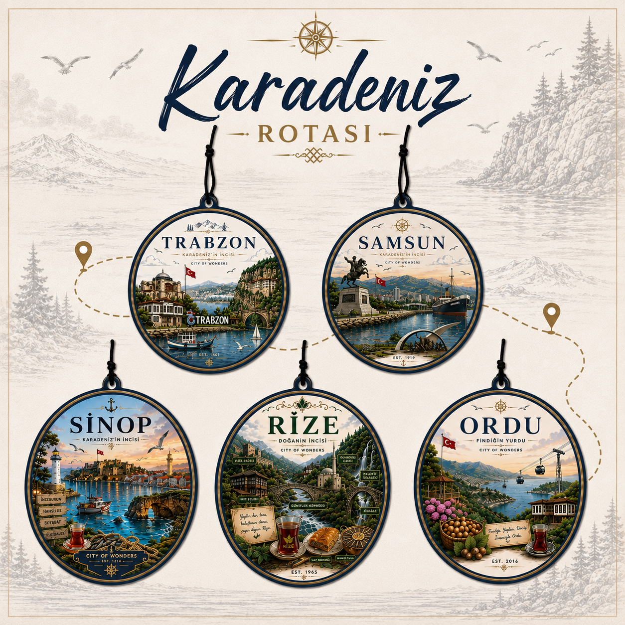 5 Adet Karadeniz Rotası Tasarımlı Oto Kokusu,Araba Kokusu,Oto Aksesuarı ve Dikiz Ayna Süsü