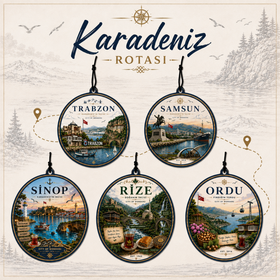 5 Adet Karadeniz Rotası Tasarımlı Oto Kokusu,Araba Kokusu,Oto Aksesuarı ve Dikiz Ayna Süsü